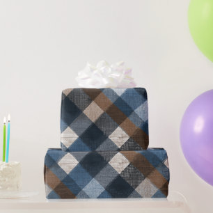 Rustic Blue Brown Denim Check Faded Plaid Pattern Wrapping Paper