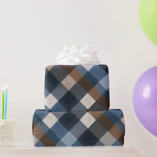 Rustic Blue Brown Denim Check Faded Plaid Pattern Wrapping Paper (Party Gifts)