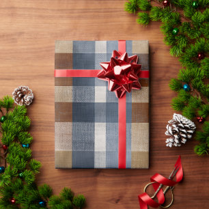 Rustic Blue Brown Denim Check Faded Plaid Pattern Wrapping Paper