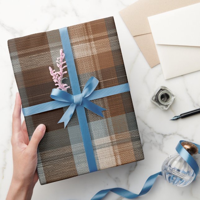 Rustic Blue Brown Denim Check Faded Plaid Pattern Wrapping Paper (Gifting)