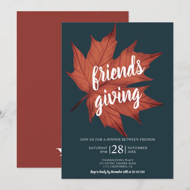 Rustic blue brown maple leaf thanksgiving invitation (Front/Back)