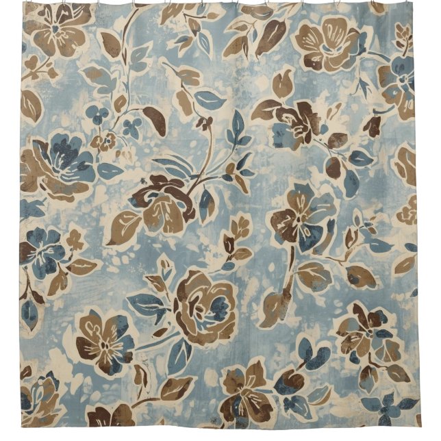 Rustic Blue Brown Tan Floral Shower Curtain (Front)