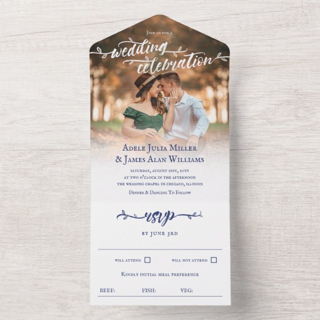 Rustic Blue Brush Script Photo Wedding All In One Invitation (Inside)