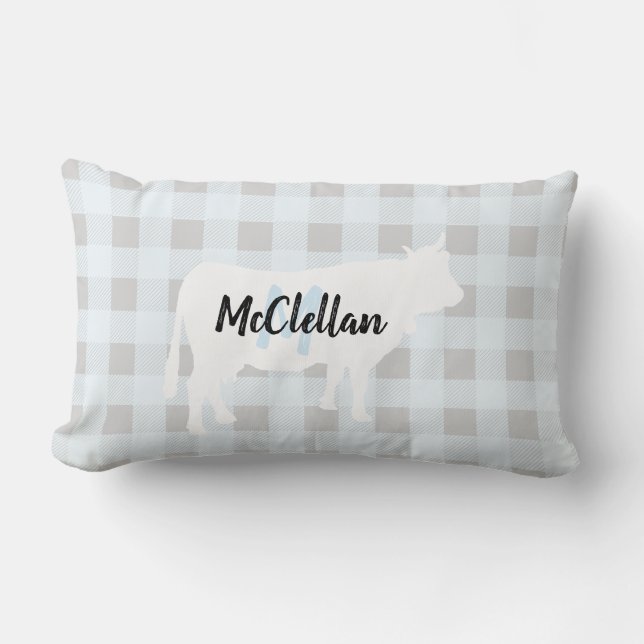 Rustic Blue Buffalo Check Cow | Monogram Lumbar Cushion (Front)