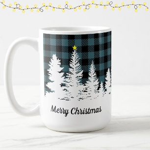 Rustic Blue Buffalo Plaid Forest Merry Christmas Coffee Mug