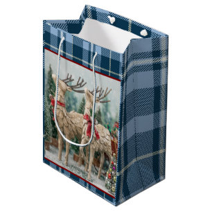 Rustic Blue Buffalo Plaid Watercolor Reindeer Medium Gift Bag