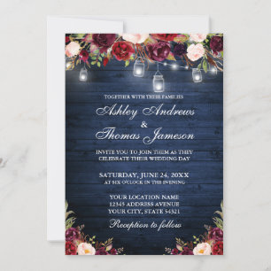 Rustic Blue Burgundy Floral Jar Lights Wedding Invitation