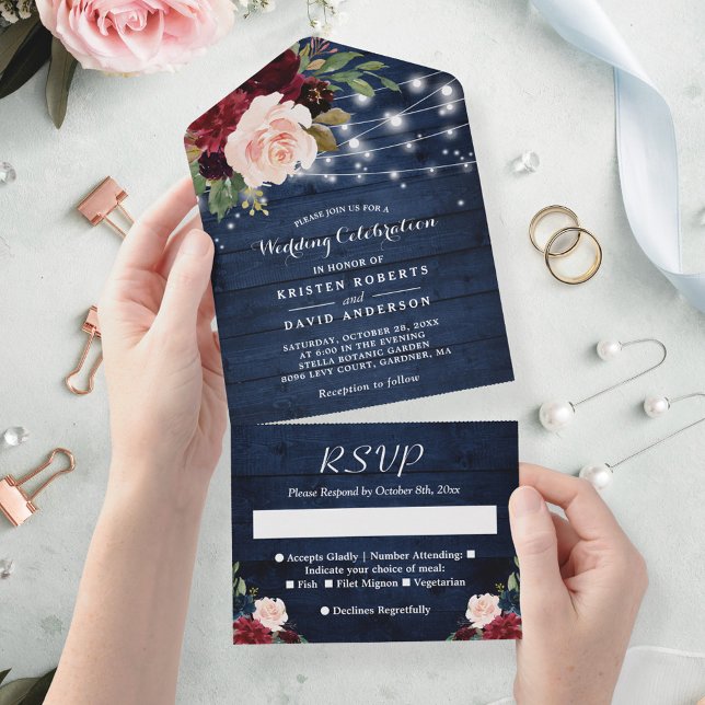 Rustic Blue Burgundy Floral String Lights Wedding All In One Invitation (Creator Uploaded)