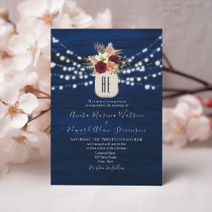 Rustic Blue Burgundy Floral String Lights Wedding Invitation