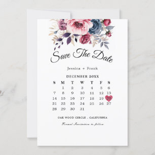 Rustic blue burgundy & purple floral wedding save the date