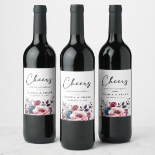 Rustic blue burgundy & purple floral wedding wine label