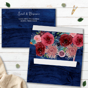 Rustic Blue Burgundy Watercolor Floral Wedding Envelope