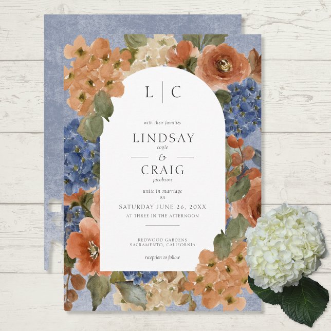 Rustic Blue & Burnt Orange Rust Floral Monogram Invitation (Creator Uploaded)