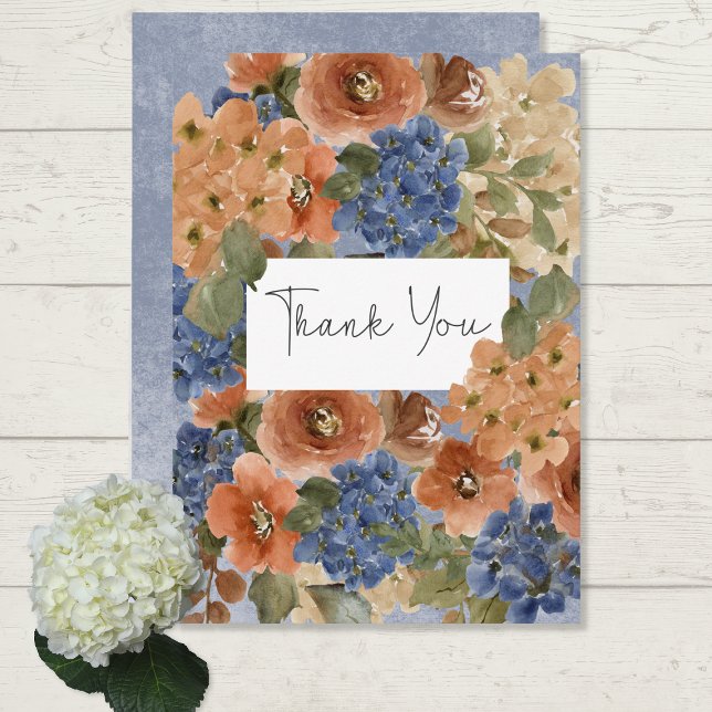 Rustic Blue & Burnt Orange Rust Floral Monogram Thank You Card (Creator Uploaded)
