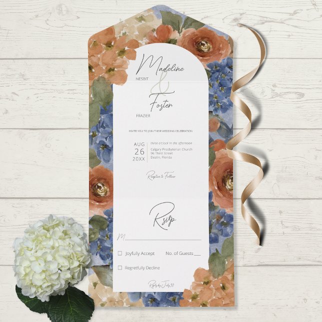 Rustic Blue & Burnt Orange Rust Floral No Dinner All In One Invitation (Creator Uploaded)