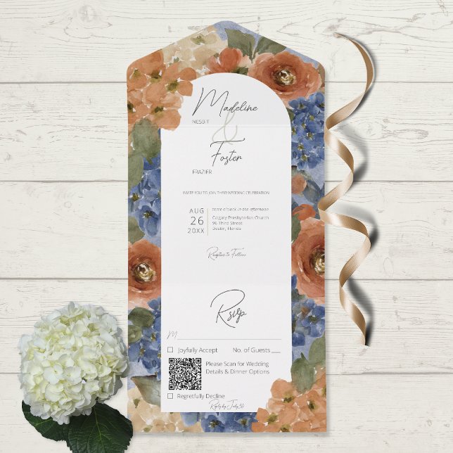 Rustic Blue & Burnt Orange Rust Floral QR Code All In One Invitation (Creator Uploaded)