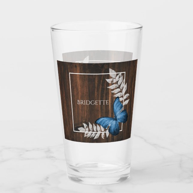 Rustic Blue Butterfly Personalised Glass (Front)