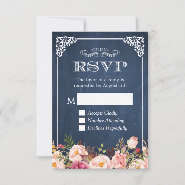 Rustic Blue Chalkboard Pink Floral RSVP Reply Card (Front)