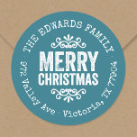 Rustic Blue Christmas Circle Return Address Label<br><div class="desc">Affordable custom printed round return address stickers personalised with your family name and return address. This rustic modern holiday design features distressed MERRY CHRISTMAS lettering on a blue background. Use the design tools to choose any background colour and edit text fonts and colours to further customise your own unique holiday...</div>