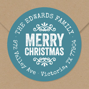 Rustic Blue Christmas Circle Return Address Label