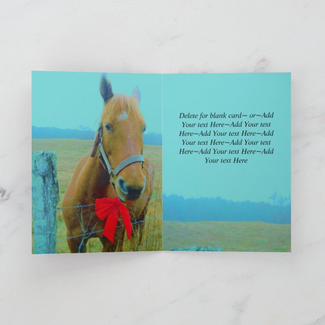 Rustic Blue Christmas Horse  Red Bow Holiday Card (Inside)