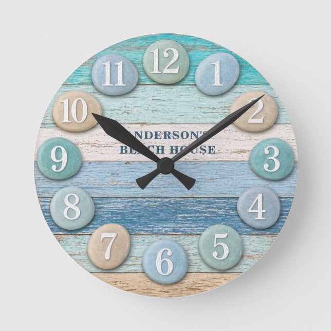 Rustic Blue Coastal Weathered Wood Beach House Round Clock (Front)