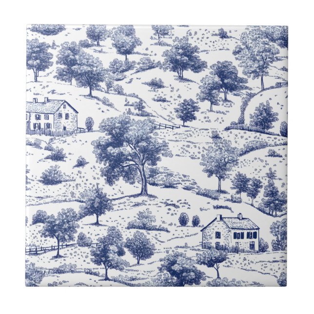 Rustic Blue Countryside Toile Pattern Ceramic Tile (Front)