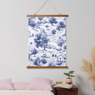 Rustic Blue Countryside Toile Pattern Hanging Tapestry