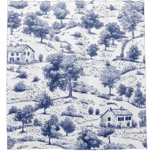 Rustic Blue Countryside Toile Pattern Shower Curtain