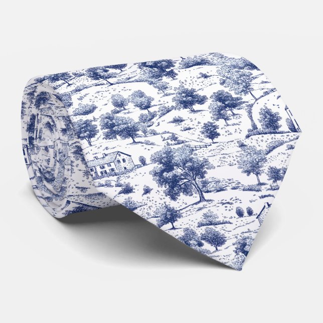 Rustic Blue Countryside Toile Pattern Tie (Rolled)