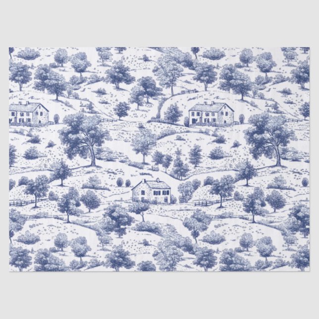 Rustic Blue Countryside Toile Pattern Tissue Paper (Front)