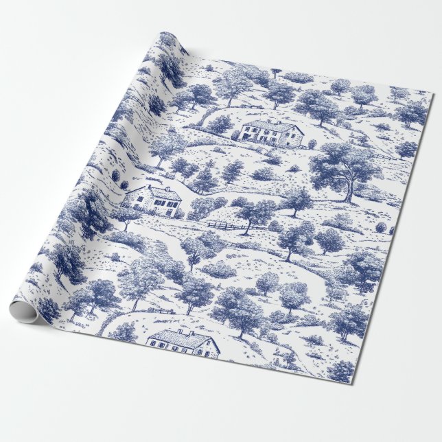 Rustic Blue Countryside Toile Pattern Wrapping Paper (Unrolled)