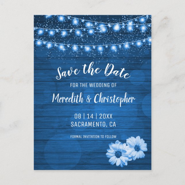 Rustic Blue  Daisy String Lights Save the Date Announcement Postcard (Front)