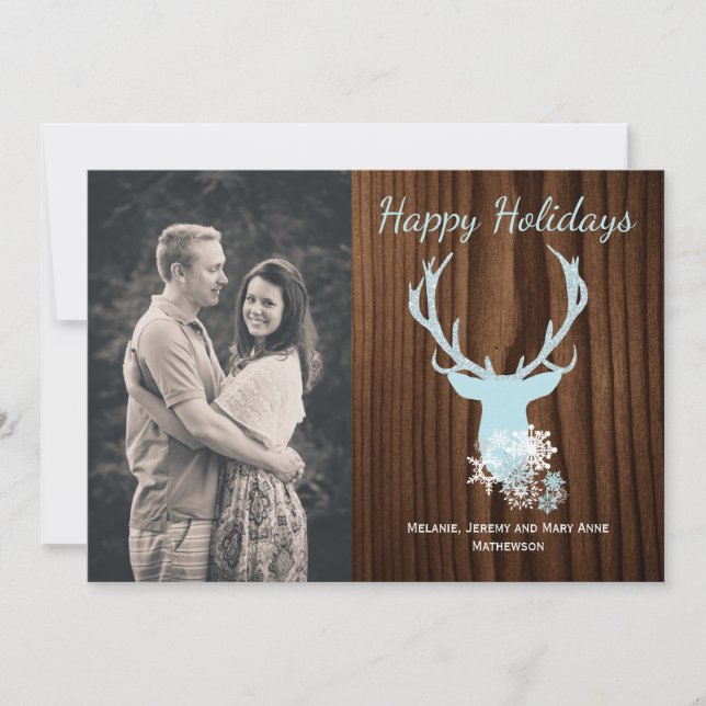 Rustic Blue Deer Head Holiday Greeting Card (Front)