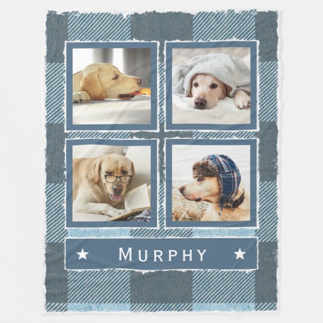 Rustic Blue Denim Buffalo Plaid 4 Photo Dog Large Fleece Blanket (Front)