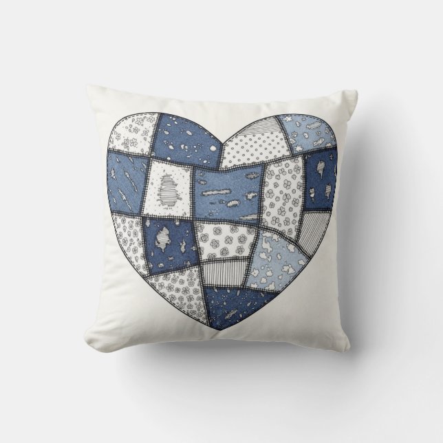 Rustic Blue Denim Patchwork Heart Illustration Cushion (Front)