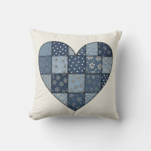 Rustic Blue Denim Patchwork Heart Illustration Cushion