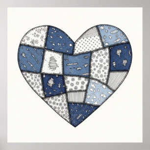 Rustic Blue Denim Patchwork Heart Illustration Poster