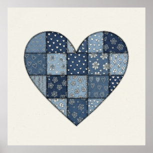 Rustic Blue Denim Patchwork Heart Illustration Poster