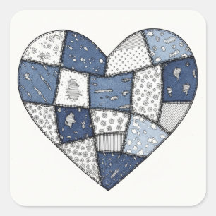 Rustic Blue Denim Patchwork Heart Illustration Square Sticker