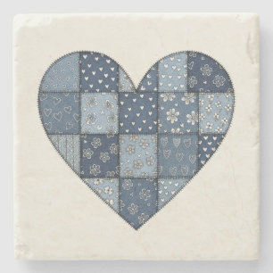 Rustic Blue Denim Patchwork Heart Illustration Stone Coaster