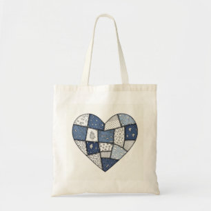 Rustic Blue Denim Patchwork Heart Illustration Tote Bag