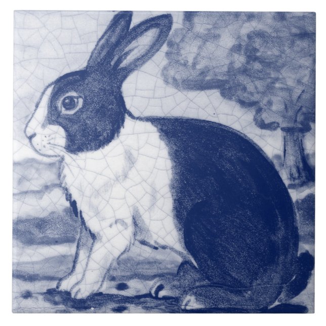 Rustic Blue Dutch Bunny Rabbit Delft Faces Left Ceramic Tile (Front)