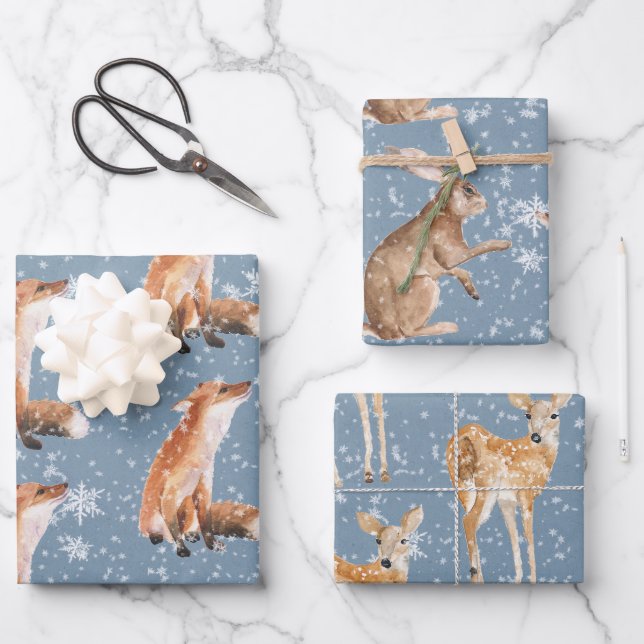 Rustic Blue Elegant Snowy Winter Animals Wrapping Paper Sheet (Front)