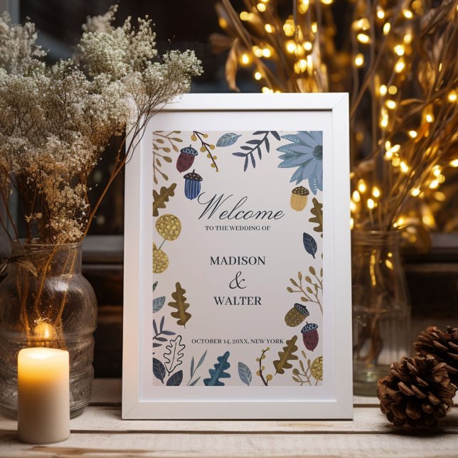 Rustic blue fall autumn wedding poster (Rustic autumn leaves fall wedding invitation poster)