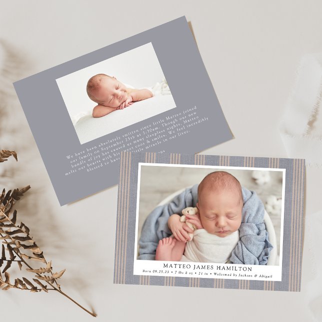 Rustic Blue Farmhouse Linen Stripes Photo Birth Announcement (Creator Uploaded)