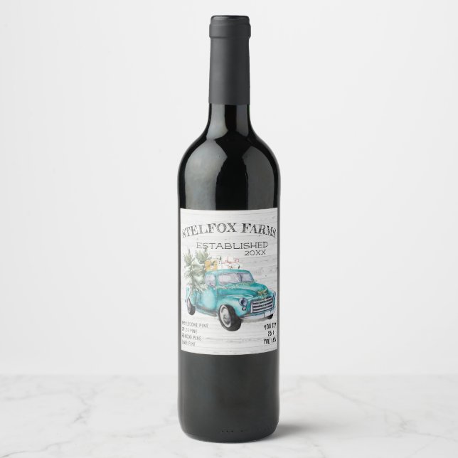 Rustic Blue Farmhouse Truck Wine Labels (Front)