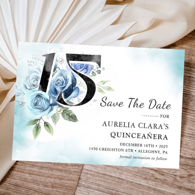 Rustic Blue Floral 15th Birthday Quinceanera Save The Date (Creator Uploaded)
