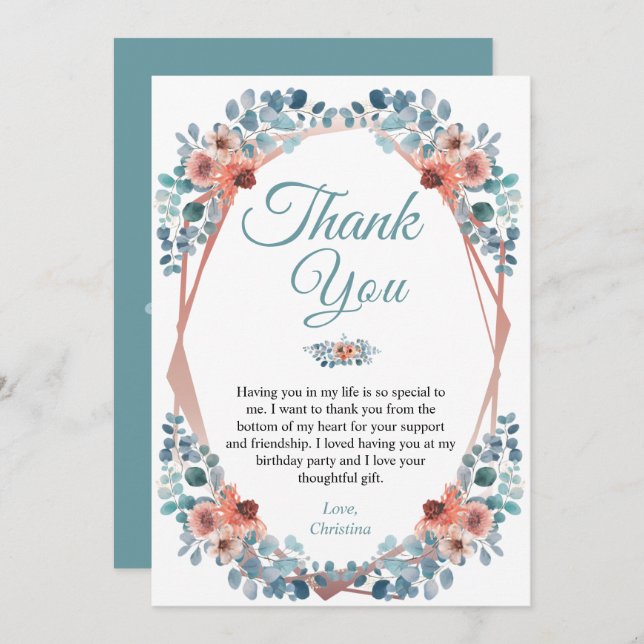 Rustic Blue Floral 50th Birthday Thank You (Front/Back)