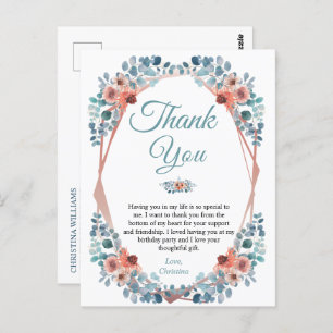 Rustic Blue Floral 50th Birthday Thank You Postcard